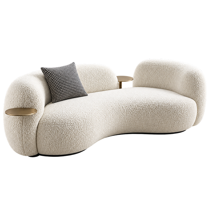 Sculptural Curved Bouclé Sofa with Integrated Side Tables