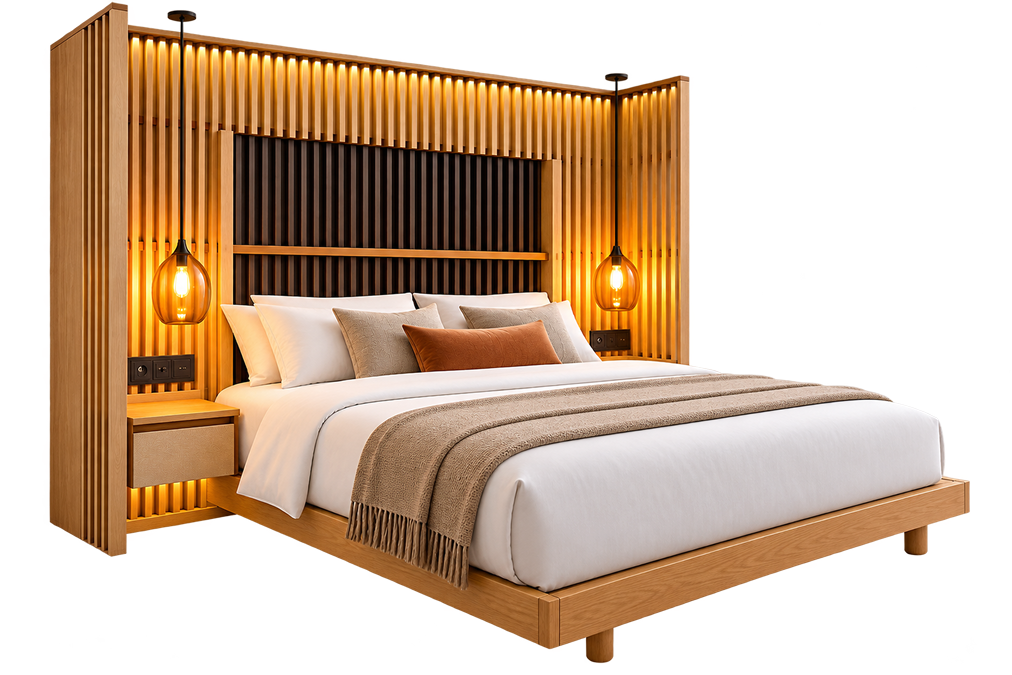 Modern Wooden Slatted Headboard Bed
