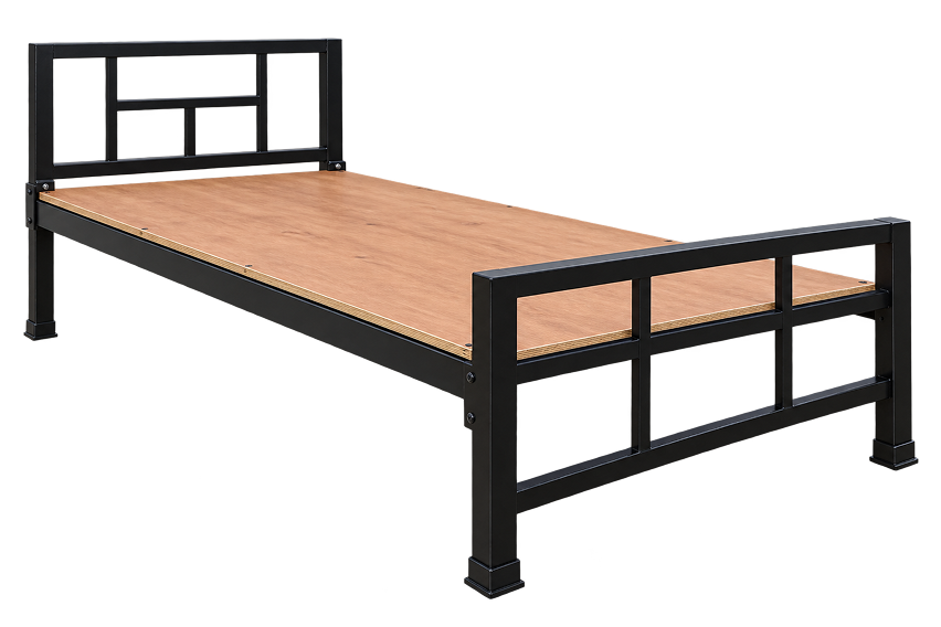 Industrial Black Metal Single Bed with Wooden Platform